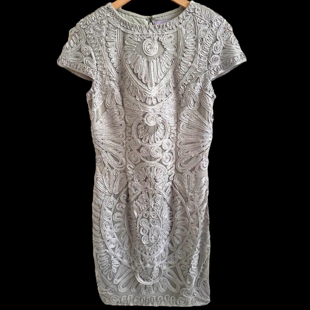 JS Collections embroidered grey tea length cocktail dress. Heavy, rich design.
